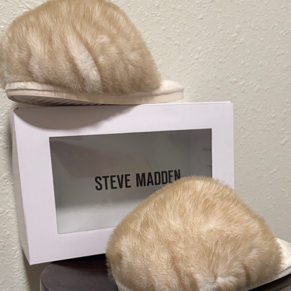 Steve Madden Women's Faux Fur Slide Sandals in Beige